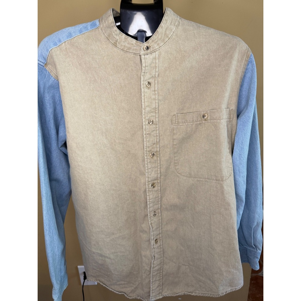 No Name Clothing Co Mens Two Tone‎ Denim Button Up Shirt Tan Blue Large USA